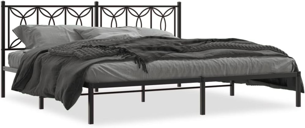 Metal Bed Frame with Headboard Black King Size 76'x79.9' Heavy Duty Steel Platform Bed Frame Sturdy Bedframe Underbed Storage Space for Bedroom Furniture