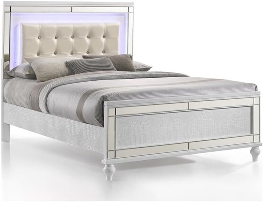 Pemberly Row Full Size Solid Wood Bed, White Finish, Lighted Headboard, Hardwood Solids and Veneers, Embossed Inlay, Contemporary Style Bedroom Furniture, 53.74' H x 76.97' W x 57.87' D