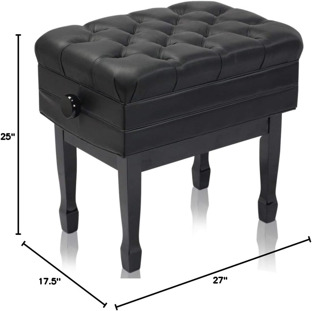 Griffin Piano Bench (Genuine Leather Plus Series) – Adjustable Ergonomic Keyboard Stool with Storage, Black Wood Frame for Home, Musicians, Guitar & Vanity Use