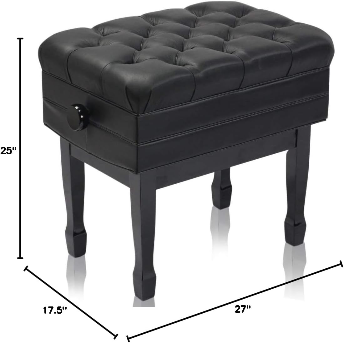 Griffin Piano Bench (Genuine Leather Plus Series) – Adjustable Ergonomic Keyboard Stool with Storage, Black Wood Frame for Home, Musicians, Guitar & Vanity Use