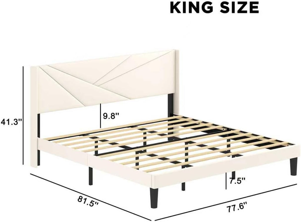 King Size Bed Frame with Upholstered Wingback Headboard, Easy Assemnly Platform Bed and Heavy Duty Wooden Slats Support, Noise-Free, No Box Spring Needed (Cream, King)