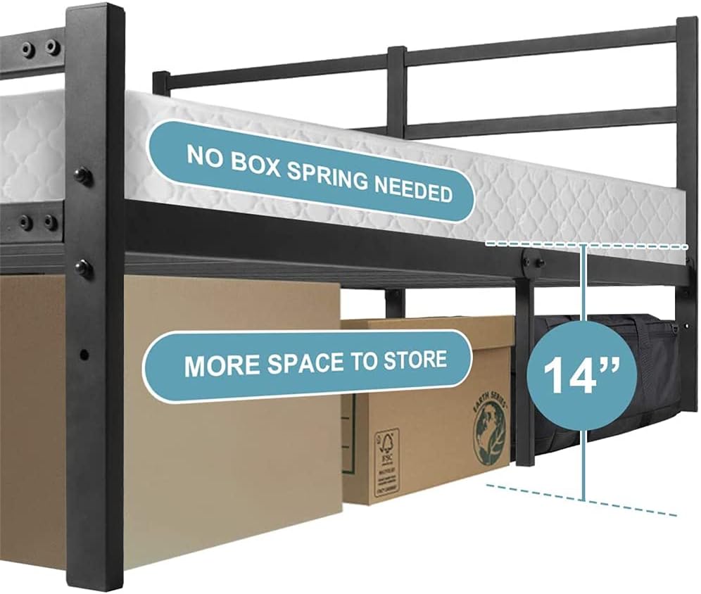 AKSG Queen Bed Frame with Headboard 14 Inch Platform Bed Frame No Box Spring Needed Metal Queen Size Bed Frame with Storage Heavy Duty Steel Slat Black