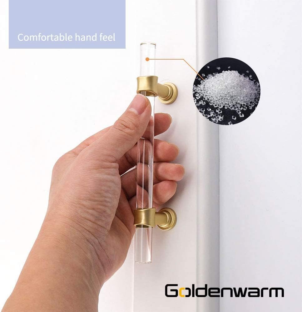 goldenwarm Pack of 100 Drawer Knobs Acrylic Clear T-bar Knobs - LS9165GD Single Hole Handles Brushed Gold Brass Acrylic Cabinet Pull Handles