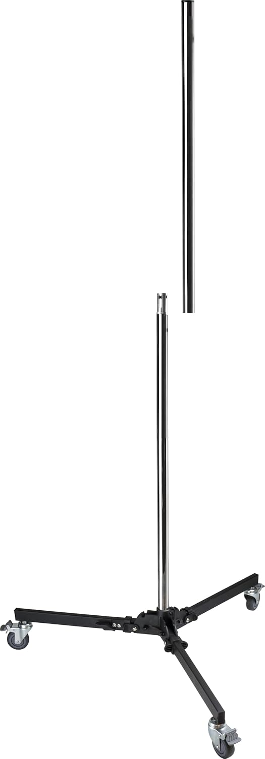 Kupo Steel Column Roller Stand, Mobile Studio Stand with Spring-Loaded Sliding Arm, Folding Wheeled Base, Universal Baby Pin Compatibility, Max Height 8.5', Supports 17.6lbs, Silver (KS301912)