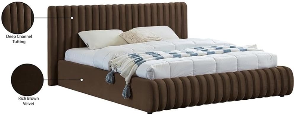 Pemberly Row Contemporary Queen Bed, 74' W x 91' D x 38' H, Rich Brown Velvet Upholstery, Deep Channel Tufting, Padded Headboard, Modern Style Bedroom Furniture, Elegant Design