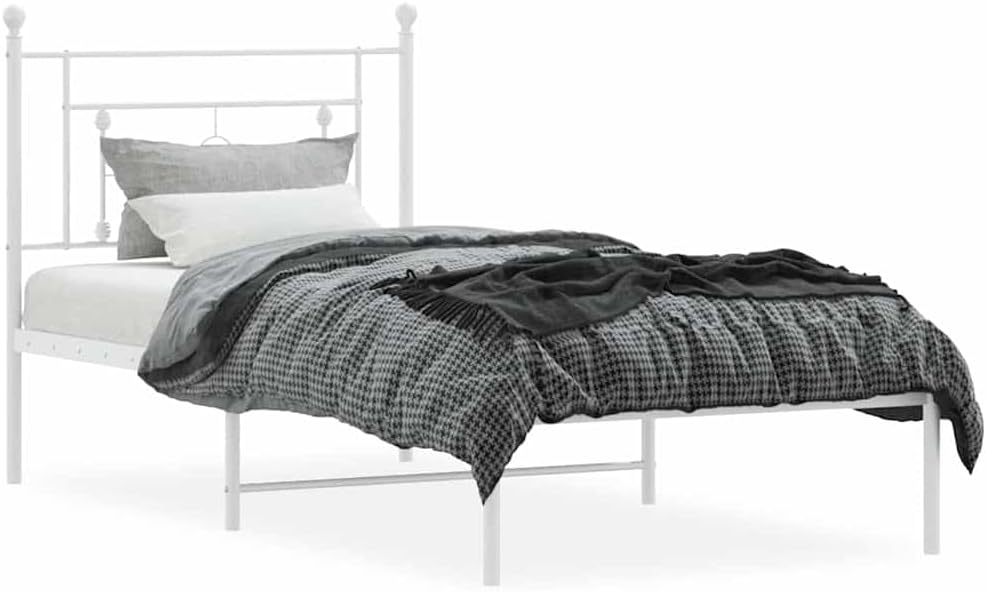 White Powder-Coated Steel Single Bed Frame with Underbed Storage, 1 Piece Bed Frame for Sturdy Support and Modern Bedroom Style