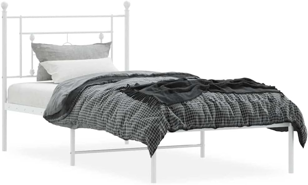 White Metal Bed Frame with Headboard 39.4'x78.7' Twin/Queen Platform Bed Frame Steel Construction Underbed Storage Space Bedroom Furniture