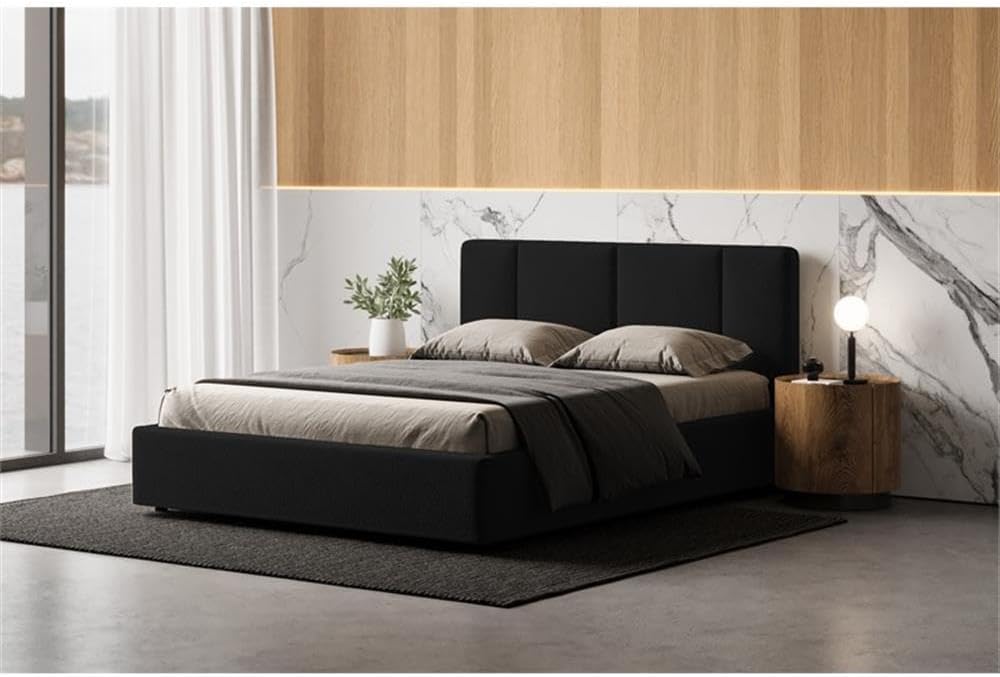 Venice Upholstered Platform Bed | Box Spring Not Required | (Black Boucle, Queen Bed Frame)