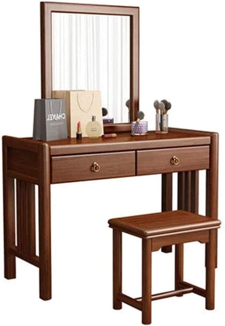 Vanity Table Set with Rectangular Mirror 2 Large Drawers with Sliding Rails Makeup Dressing Table with Stool Vanity Benches