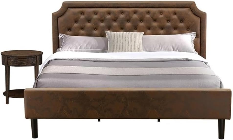 Pemberly Row 2-Piece Wooden King Bedroom Set, Brown & Jacobean Finish, Includes Platform Bed Frame & Nightstand, Engineered Wood & Faux Leather, Solid Slats, Classic or Modern Style for Bedroom Decor