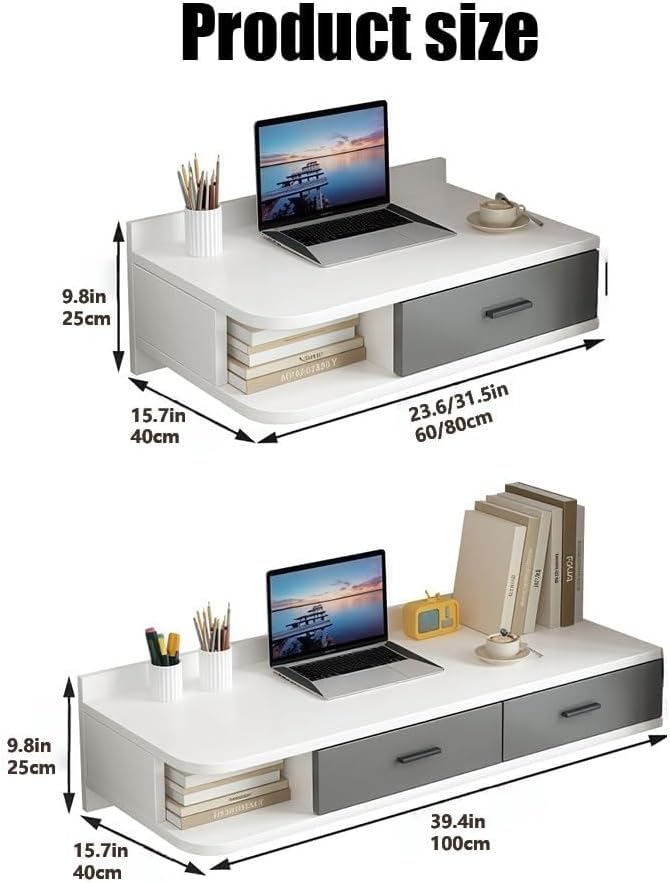 Floating Writing Desk with Storage Drawers Wall-Mounted Computer Table Hanging Corner Vanity Table Rounded Corners for Bedroom Long Lasting