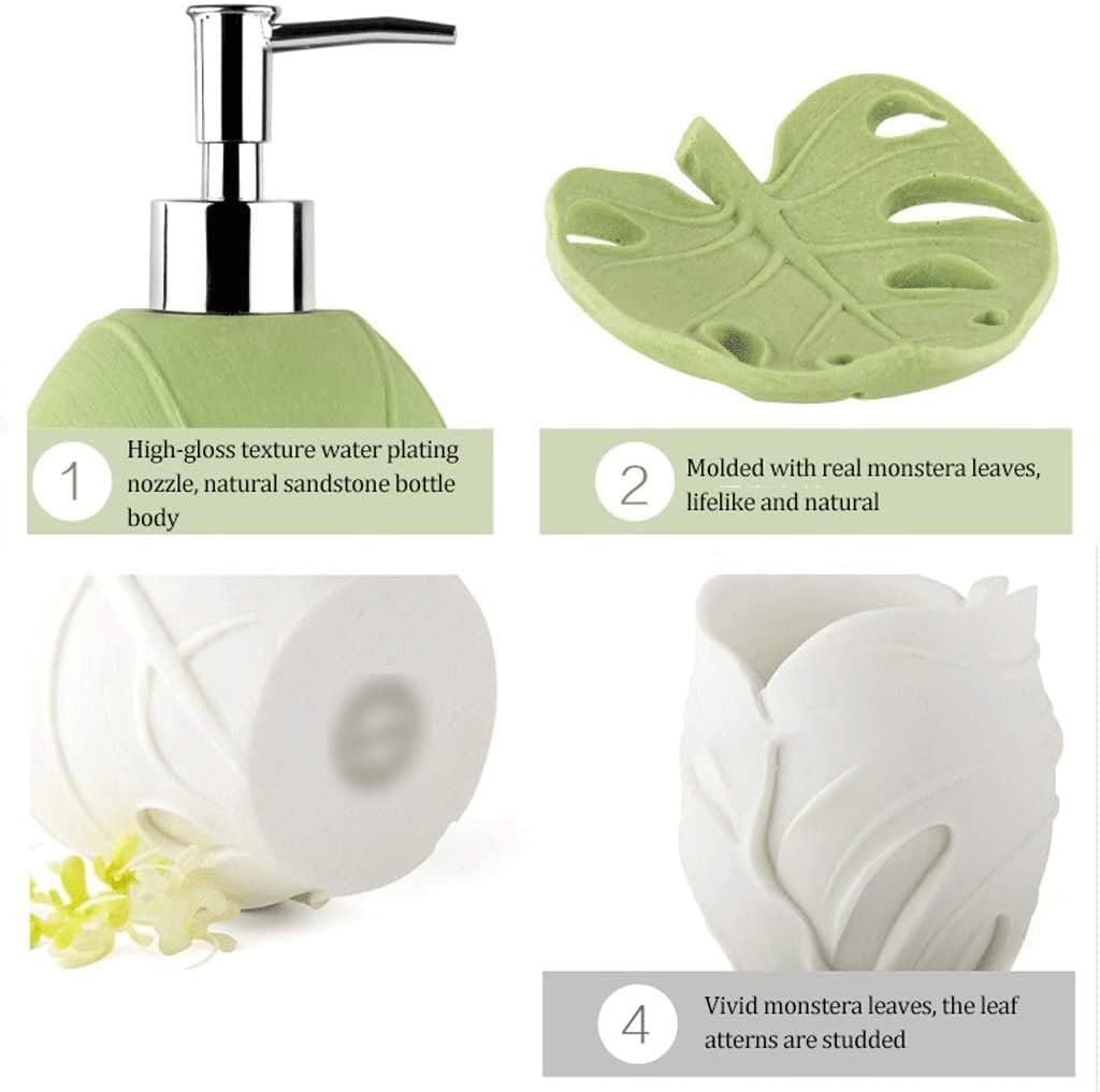 Vanity Bathroom Decor, Leaf Shape Sandstone Bathroom Accessory Set 4 Pieces Bathroom Set Included Soap Dispenser Soap Tray Housewarming Gift(Green)