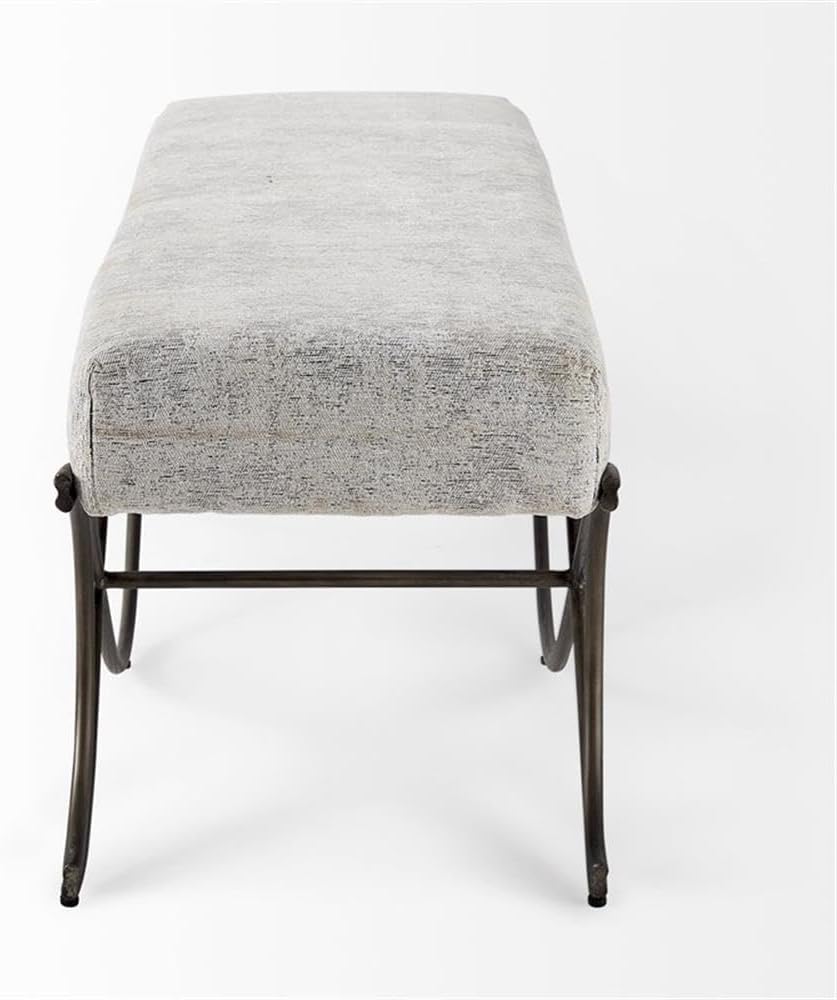 Pemberly Row Vanity Bench, 55 in x 17.6 in x 18 in, Dark Gray Fabric Seat, Dark Nickel Metal Frame, Soft Cushioned Seating with Crisscross Legs, Contemporary Style for Entryway or Communal Spaces
