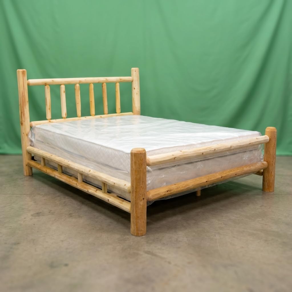 Log Bed Frame with Headboard, Full Size - Unfinished, Natural, Solid White Cedar Wood, Heavy Duty, Amish Handcrafted in USA