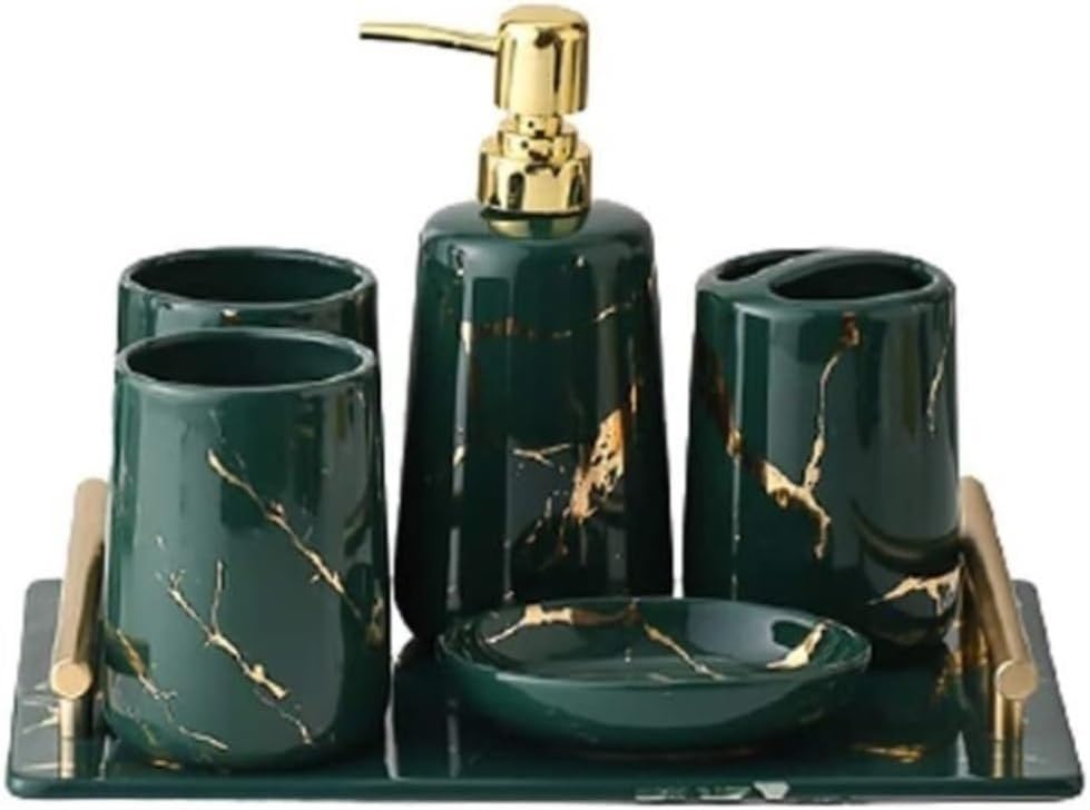 Vanity Bathroom Decor, 6-Piece Ceramics Bathroom Accessories Set Soap Dispenser/Toothbrush Holder/Mouthwash Cup/Soap Box Marble Texture Set Housewarming Gift(Green)
