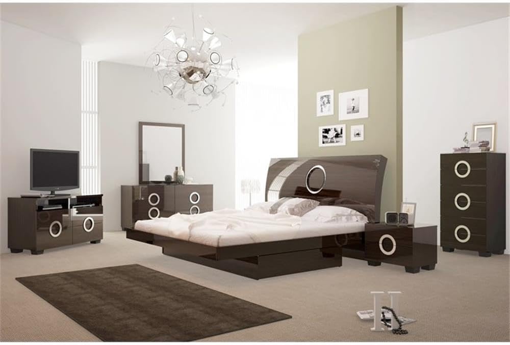 Pemberly Row 4-Piece Eastern King Bedroom Set, Lacquer Wood Construction, High-Gloss Wenge Finish, Includes Bed with Tufted Headboard, Nightstand, Dresser, Mirror, Elegant Design for Modern Bedrooms