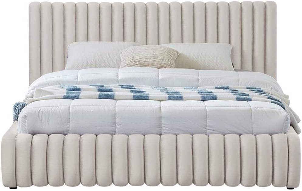 Pemberly Row King Bed, Cream Velvet Upholstery, Deep Channel Tufted Headboard and Footboard, Contemporary Transitional Design, Sturdy Construction, 89' W x 91' D x 38' H for Bedroom Decor