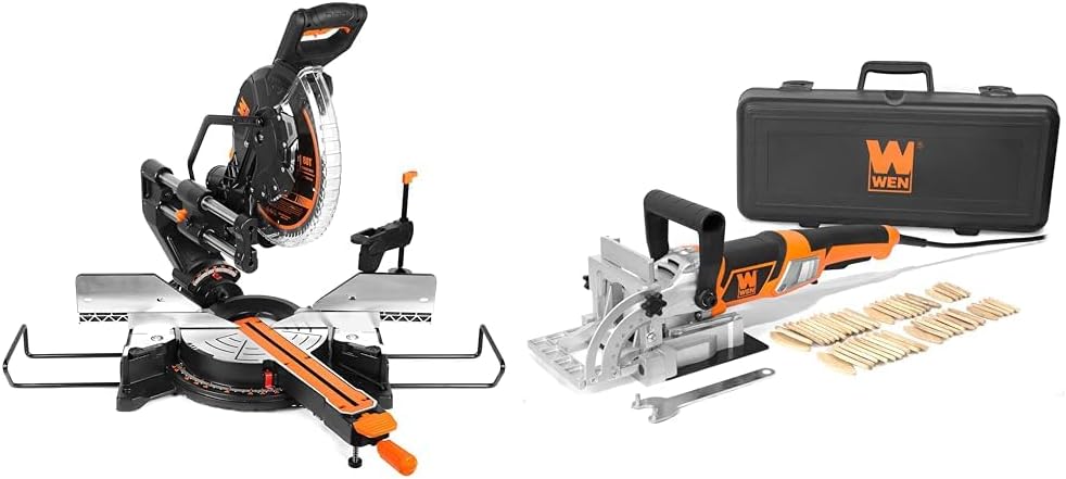 WEN MM1215 15-Amp 12-Inch Dual Bevel Sliding Compound Miter Saw with LED Cutline & JN8504 8.5-Amp Plate and Biscuit Joiner with Case and Biscuits