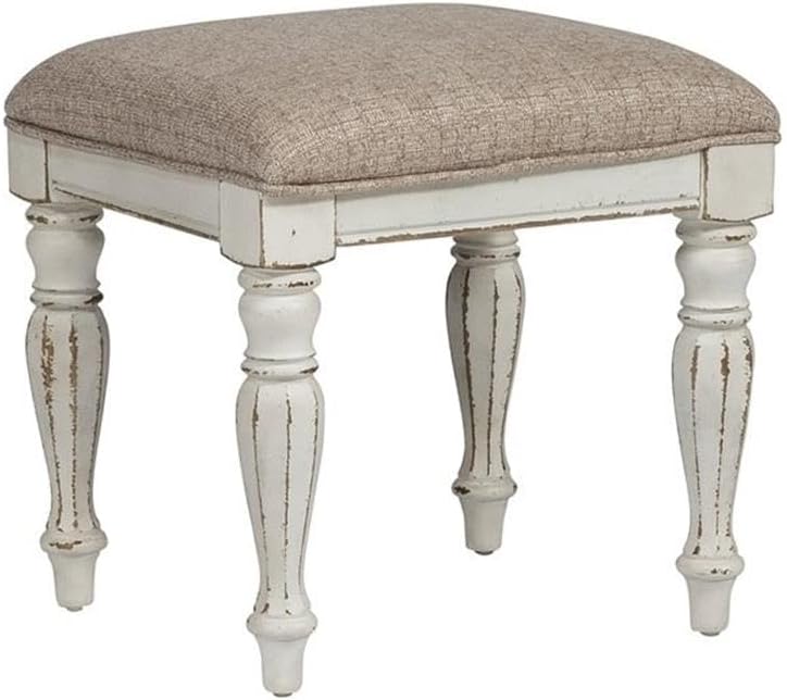 BOWERY HILL Modern Wood Vanity Stool, Antique White Finish, Ivory Tweed Chenille Upholstery, Turned Faceted Legs, Bedroom Accent Chair, 18.5 in Seat Height, Indoor Use