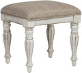 BOWERY HILL Modern Wood Vanity Stool, Antique White Finish, Ivory Tweed Chenille Upholstery, Turned Faceted Legs, Bedroom Accent Chair, 18.5 in Seat Height, Indoor Use