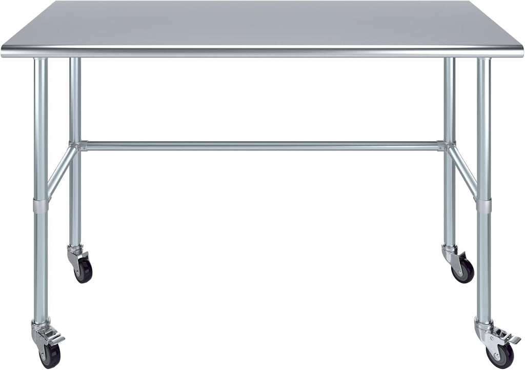 AmGood Stainless Steel Work Table Open Base & Wheels | Work Station | Metal Work Bench (Stainless Steel Work Table Open Base + Casters, 60' Long x 24' Deep)
