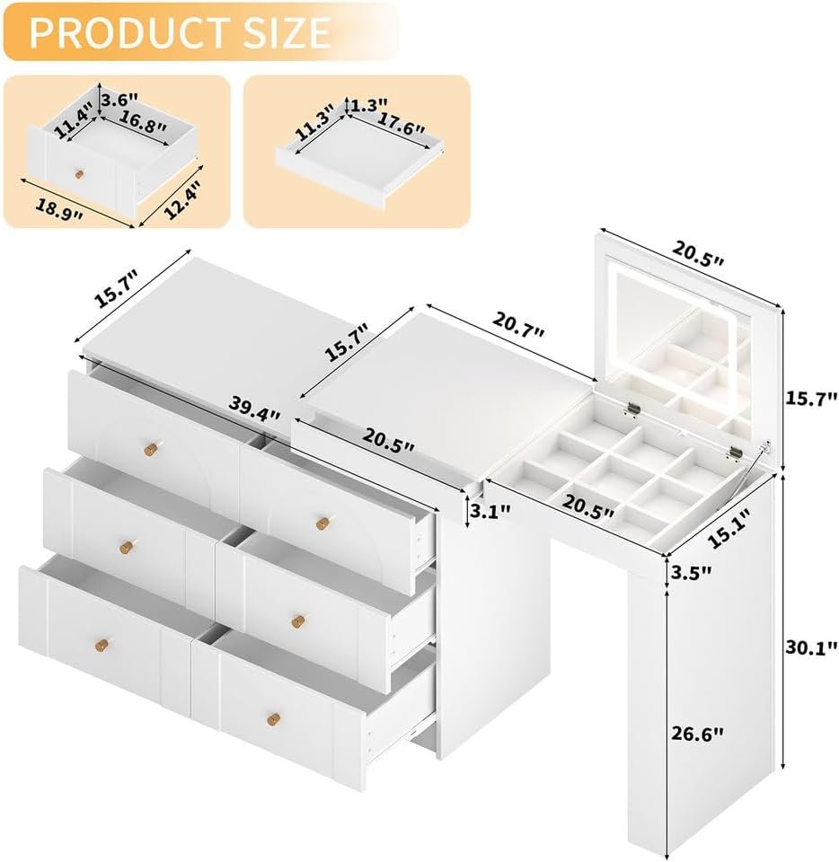 60'' Vanity Desk with Flip-Top Mirror & LED Lights, Convertible L-Shaped Makeup Vanity Table with 6 Drawers, Shelves & Storage Compartments, Modern Corner Dressing Table for Bedroom,White