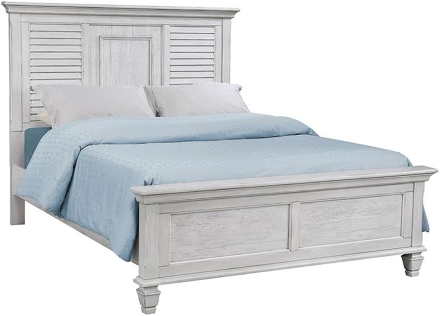 Pemberly Row 4-Piece Eastern King Panel Wood Bedroom Set, Antique White Finish, Includes Bed, Nightstand, Dresser, Beveled Mirror, Soft-Closing Drawer Glides, Pull-Out Tray, Coastal Resort Style