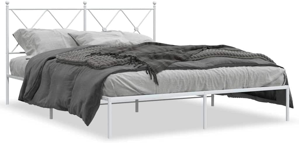 King Size Bed Frame with Headboard, White Powder-Coated Steel Modern Platform Bed Frame, Sturdy Construction and Minimalist Design for Bedroom, Easy Assembly Included