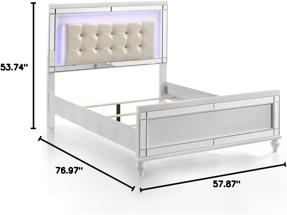 Pemberly Row Full Size Solid Wood Bed, White Finish, Lighted Headboard, Hardwood Solids and Veneers, Embossed Inlay, Contemporary Style Bedroom Furniture, 53.74' H x 76.97' W x 57.87' D