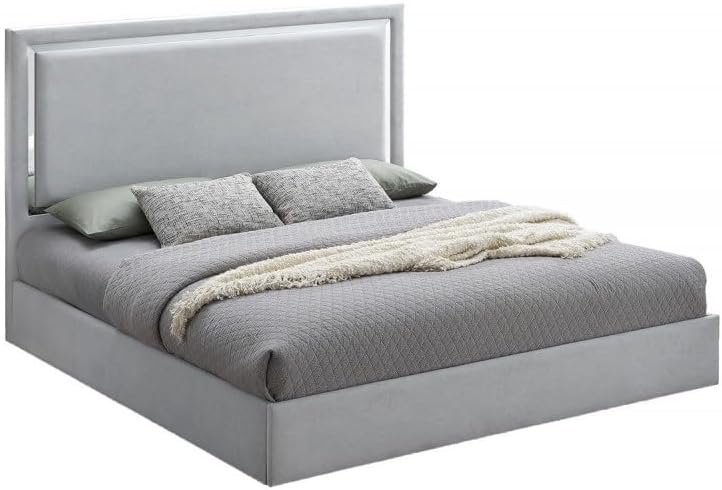 4-Piece California King Size Modern Bedroom Set, Gray/White Wood Frame wih Mirror Trim, High Gloss Finish