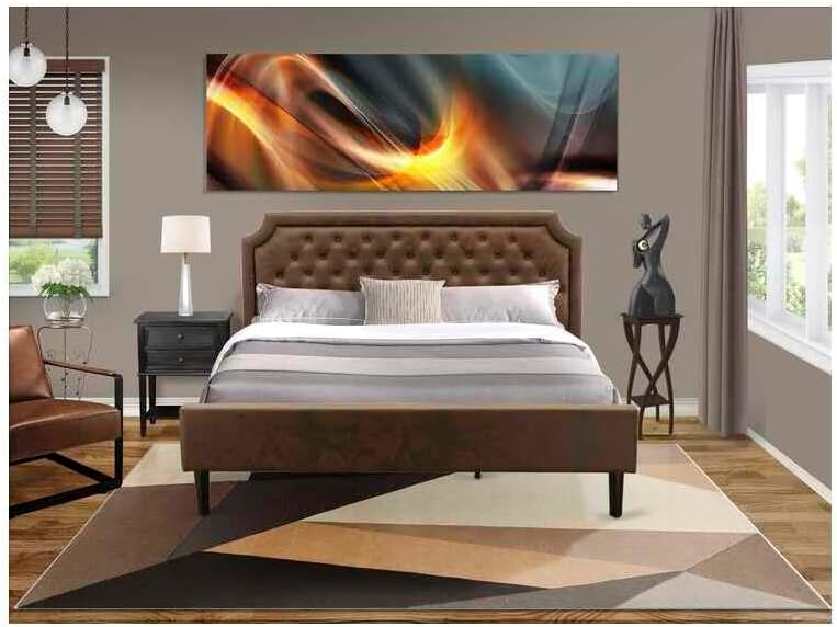 HomeStock Retro Renaissance 2 Piece King Bedroom Set with a King Bed and 1 Wire Brushed Black End Table Dark Brown Faux Leather with Black Texture and Black Legs