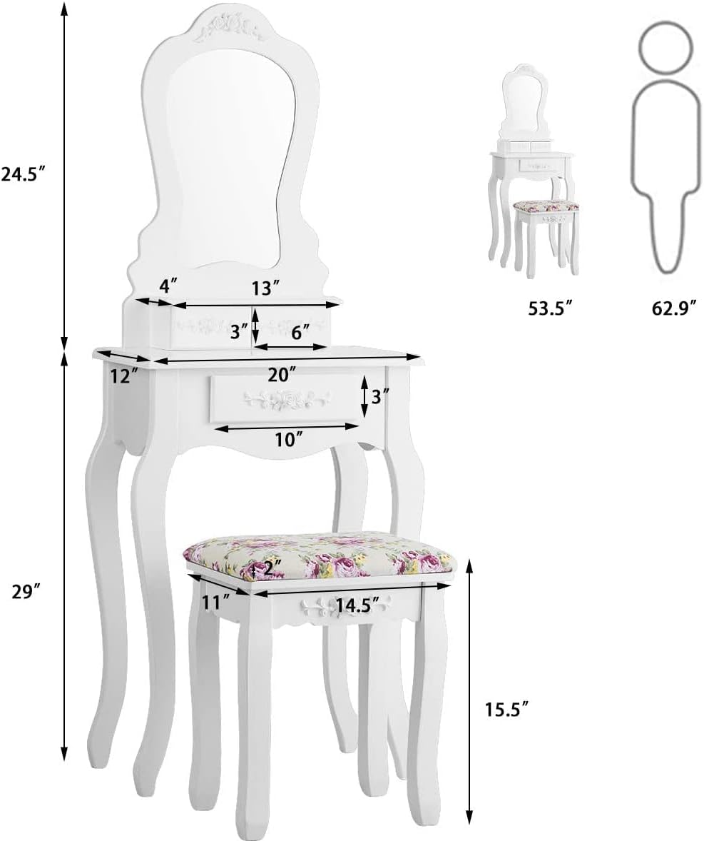LDAILY Vanity Table Set with Cushioned Stool, Makeup Table with Mirror & 3 Storage Drawers, Multipurpose Writing Desk, Bedroom Bathroom Small Space Dressing Table and Bench for Women, Girl (White)