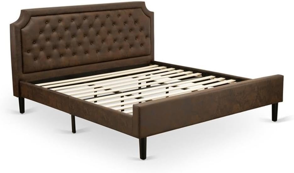 Pemberly Row 3-Piece Wood King Bedroom Set, Engineered Wood & Faux Leather, Brown & Jacobean Finish, Includes Bed Frame & 2 Nightstands, Mid-Century Style Durable Master Bedroom Furniture Set