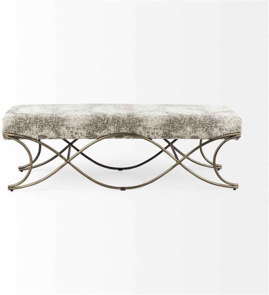 Pemberly Row Vanity Bench, 55 x 17.6 x 18 in, Light and Dark Gray Fabric Seat, Antique Gold Crisscross Metal Frame, Elegant Entryway or Living Room Seating, Versatile Decor Statement Piece