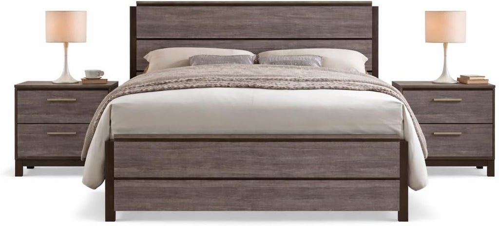 Kings Brand Furniture 3-Piece Antique Grey Bedroom Set – King Size Wood Bed Frame with 2 Nightstands