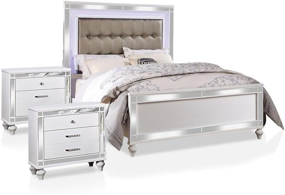 Furniture of America FOA Xulu 3-Piece White Solid Wood LED Bedroom Set - Cal King + 2 Nightstands