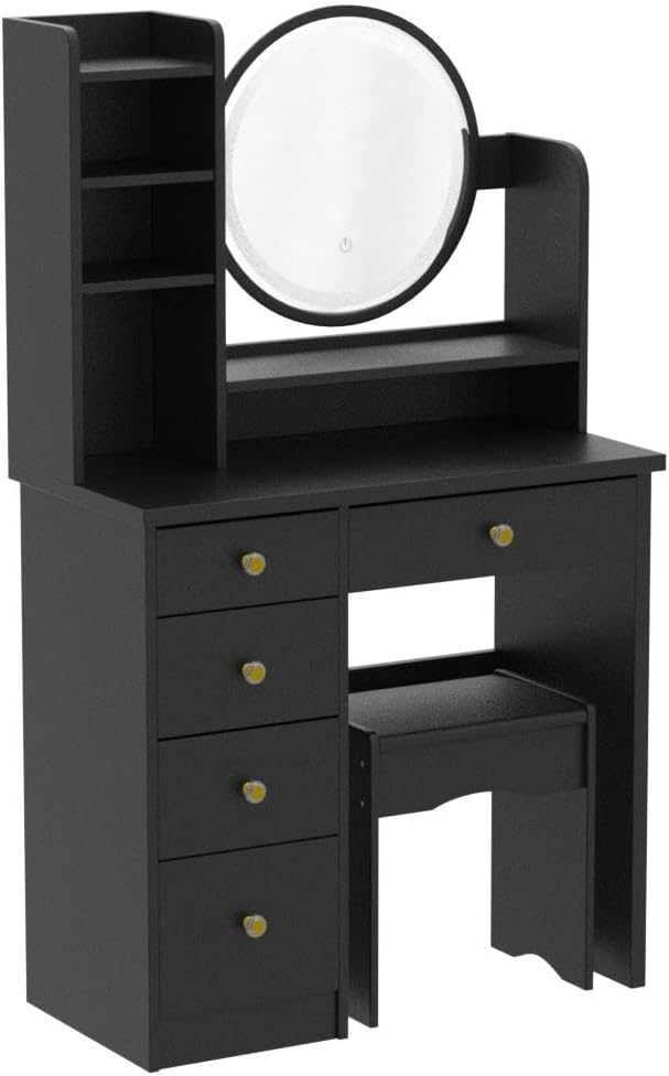 AGOTENI Makeup Vanity Set Dresser Desk with 5 Drawer and Shelf Round Mirror with Touch Screen and Light Vanity Set with Cushioned Stool for Bedroom, Black