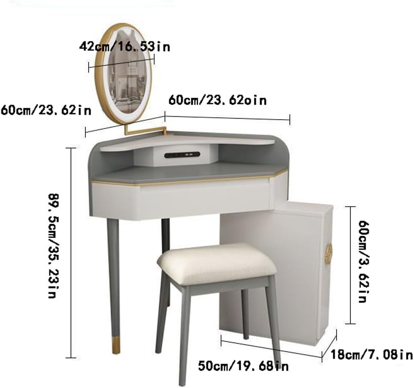 Makeup Table Vanity Dressing Table, Corner Bedroom Dressing Table, Light Luxury Lighted Mirror, Triangular Dressing Table Vanity Desk