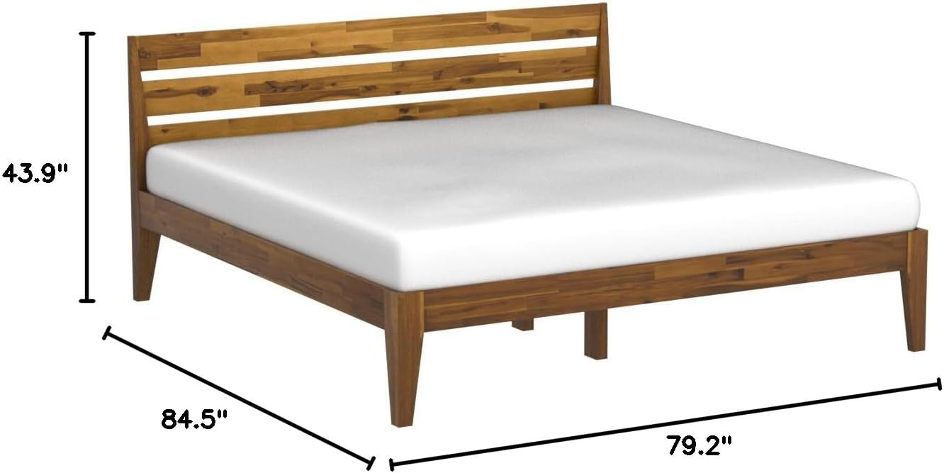 Acacia Emery Bed Frame with Headboard 100% Solid Wood Platform Bed, Mid Century Modern Wood Bed Compatible with All Mattresses, Non-Slip and Noise-Free, 30 Mins Assembly, King Size Bed Frame, Caramel