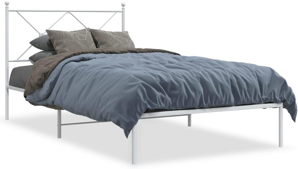 White Powder-Coated Steel Single Bed Frame with Headboard, Durable Metal Bed Frame for Adults, 39.4 x 78.7 Inches, Modern Design for Bedroom, Sturdy Construction and Easy