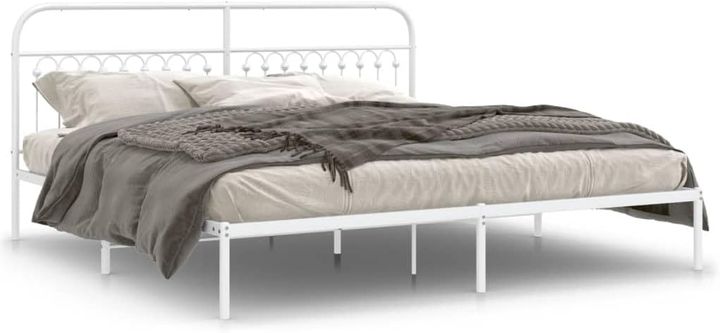 White Steel Full Bed Frame with Headboard, Rectangular Traditional Design, Sturdy Metal Construction and Easy Assembly, 4-Piece Bed Frame Set for Bedroom