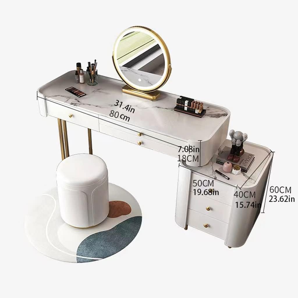 Vanity Benches Dresser Bedroom Modern Minimalist Retractable Dresser with Side Cabinet, LED Round Mirror, Dressing Stool, Multiple Drawers (Color : A)