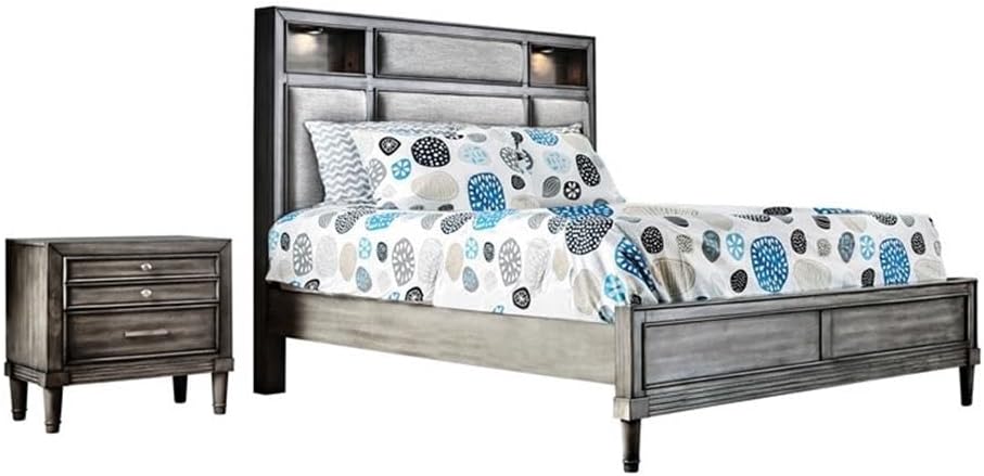 BOWERY HILL 2pc Solid Wood Bedroom Set, Gray Finish, Cal King Bed with LED Headboard and Fabric Padding, Nightstand with Hidden Drawer, Transitional Style Furniture for Master Bedroom