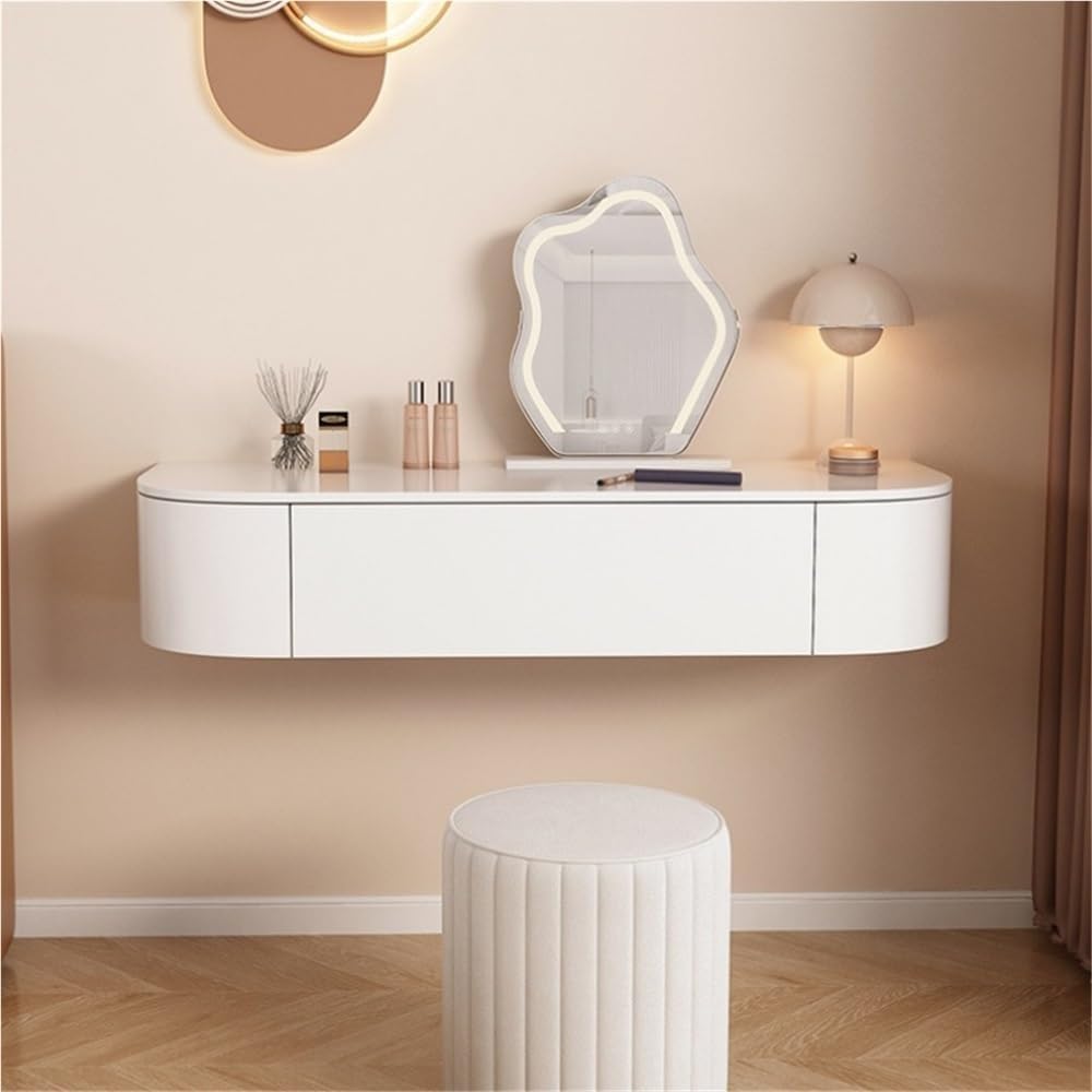 Corner Floating Desk with Drawers Modern White Wall-Mounted Vanity Makeup Table for Room & Bathroom Solid Construction(Middle)