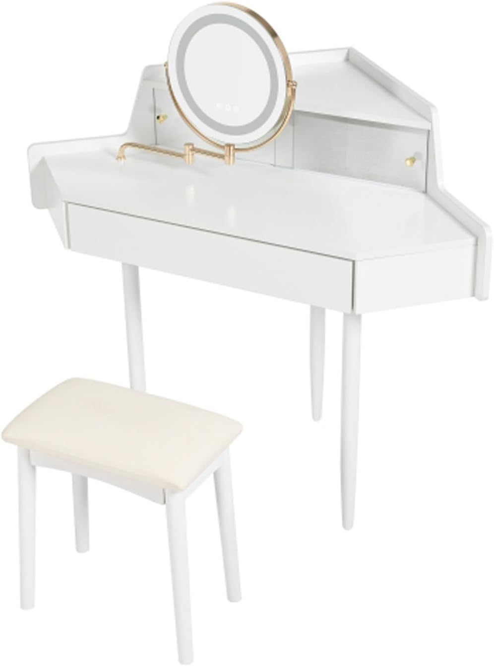 Vanity Desk Modern Corner Makeup with Large Storage LED Mirror Stool Brightness Adjustable Dressing Table for Small Bedroom