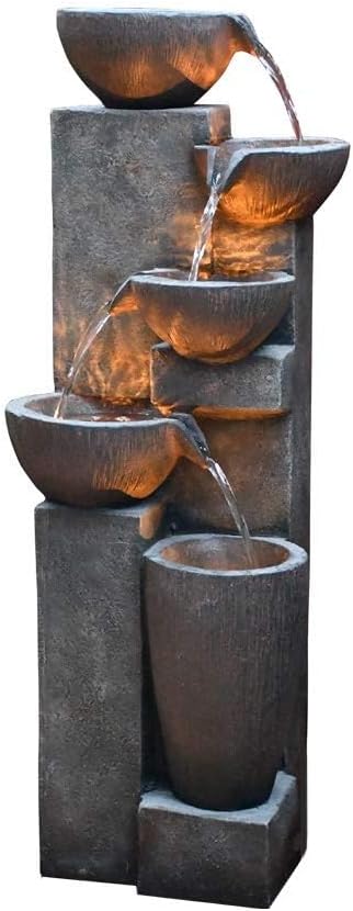 SunJet 5-Tier Outdoor Water Fountain Resin Fountain Decor with LED Lighting Natural Polyresin Looking Stone Decor for Garden Patio Fold Court Yard Deck 12.99' L x 13.78' W x 39.76' H