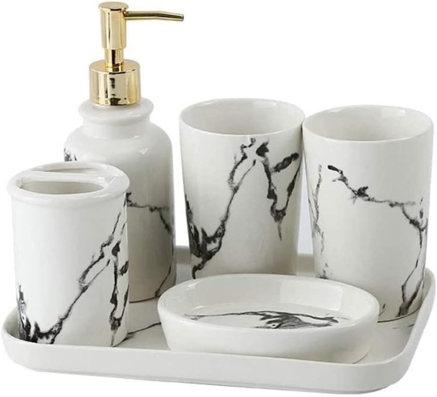 Vanity Bathroom Decor, Nordic Ceramics Bathroom Accessories Set Imitation Marble Toothbrush Holder Soap Dispenser Cup Soap Dish Housewarming Gift(White Black,6pcs)