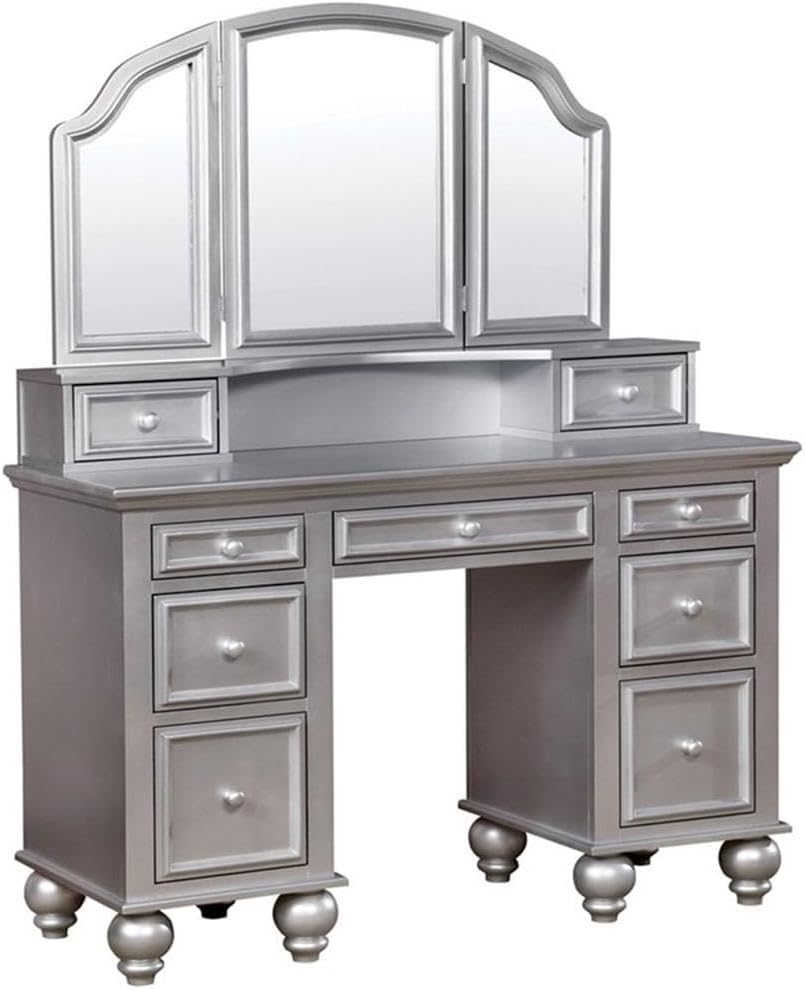 Pemberly Row Modern Wood 3-Piece Bedroom Vanity Set, Silver Finish, Transitional Style with Tri-Fold Oval Mirror, Cushioned Stool, 9 Storage Drawers, Elegant Design for Bedroom Use