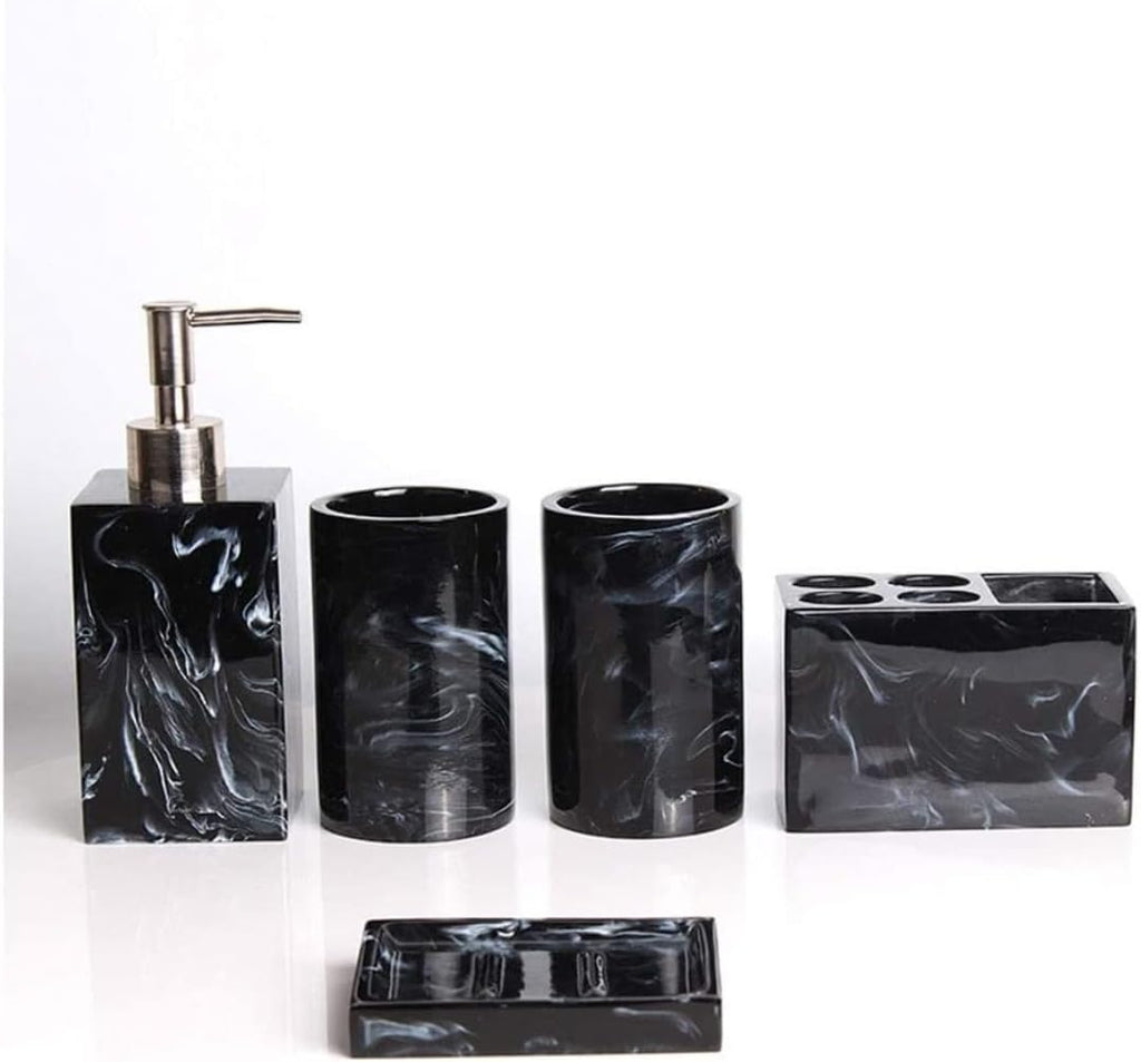 Vanity Bathroom Decor, Marble Texture Resin Bathroom Accessories Set with Soap Dish Toothbrush Holder Cup Soap Dispenser Bathroom Supplie Housewarming Gift(5pcs)