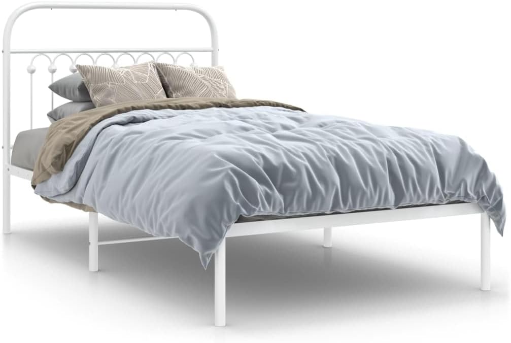 White Steel Bed Frame 39.4 x 78.7 in with Headboard, Sturdy Metal Frame for Standard Mattress, Classic Design for Bedroom, Rust-Resistant Powder Coated Finish, Easy Assembly